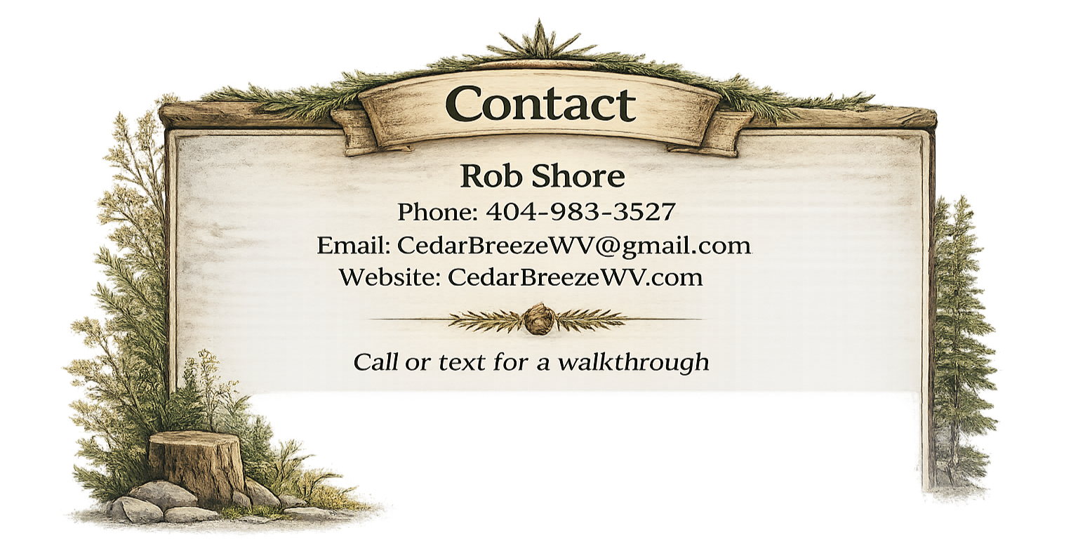 Contact Rob Shore at 404-983-3527 or cedarbreezewv@gmail.com